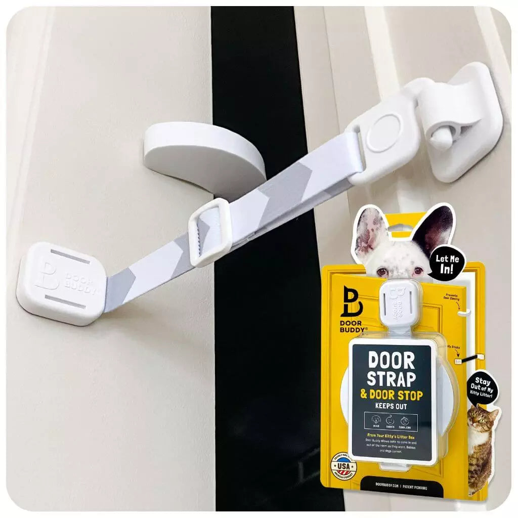 dog proof door latch for cats Door Buddy cat door latch and pet gate alternative designed to keep dogs out of litter box and cat food rooms while giving cats private access.