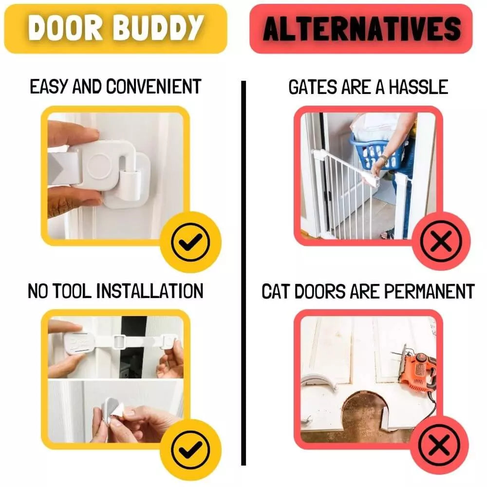 dog proof door latch for cats Door Buddy adjustable pet door strap and door stop that creates a small opening for cats while preventing dogs from entering.
