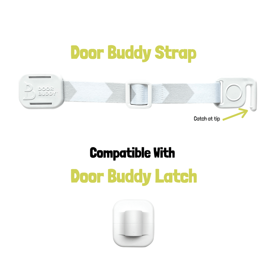 Door Buddy replacement door latch adhesive latch component for Door Buddy adjustable door strap used for baby proofing doors and keeping dogs out of rooms.