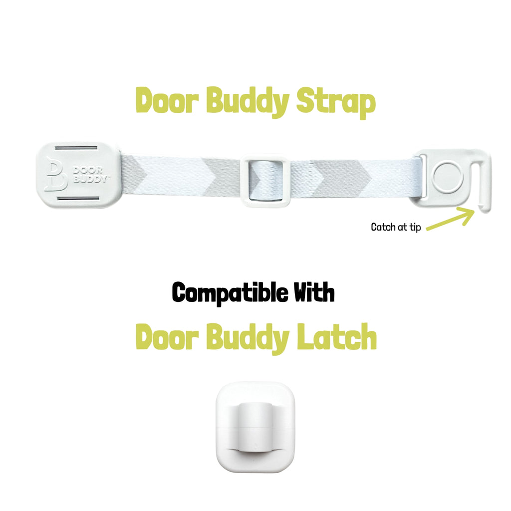 Door Buddy replacement door strap with hook adjustable interior door strap compatible with Door Buddy latch for baby proofing doors and pet control.