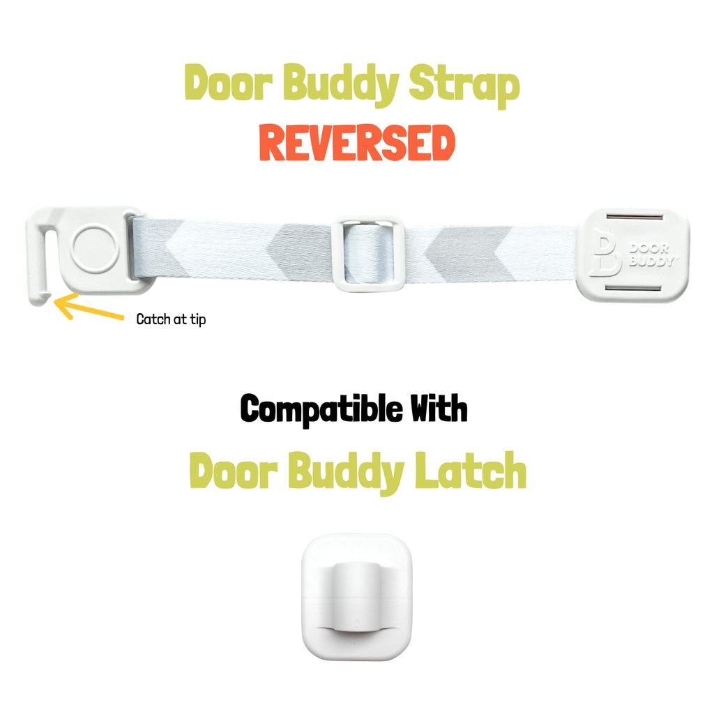 Door Buddy replacement strap with hook grey chevron adjustable door strap system compatible with Door Buddy latch for dog proof and baby proof door setups.
