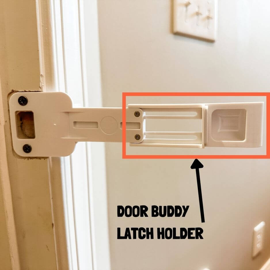 Door Buddy door prop latch holder replacement part adjustable door prop hardware used to hold the door latch and maintain controlled door openings for cats while keeping dogs out.