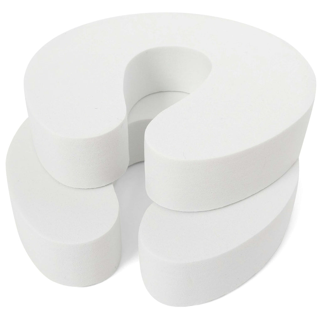 Two pack foam door stoppers used for baby proofing doors to prevent slamming and protect children’s fingers.